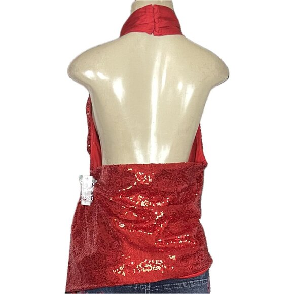 New York & Company +3X Red Sequin Lined High Satin Neck Open Back Halter Blouse - Picture 4 of 6